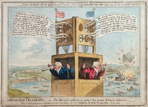 Opposition Telegraph&39;s, ou The little second sighted Advogado dando um verdadeiro espécime de Informação Patriótica, publicado por Hannah Humphrey em 1798 (gravura à mão colorida)